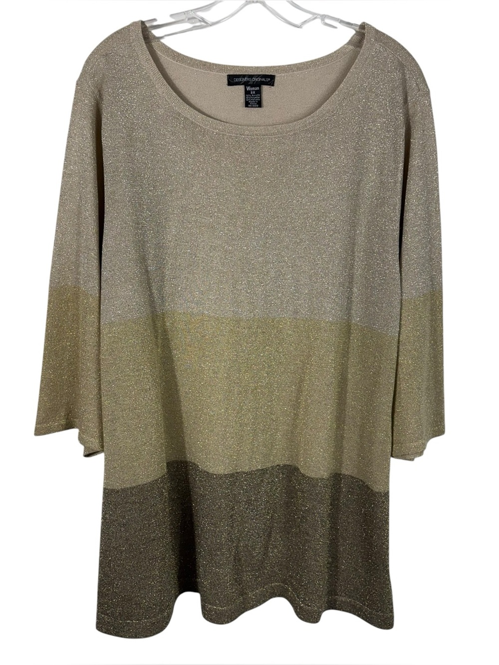 Designers Originals Metallic Thread Beige Striped 3/4 Sleeve Plus Size Knit Top
